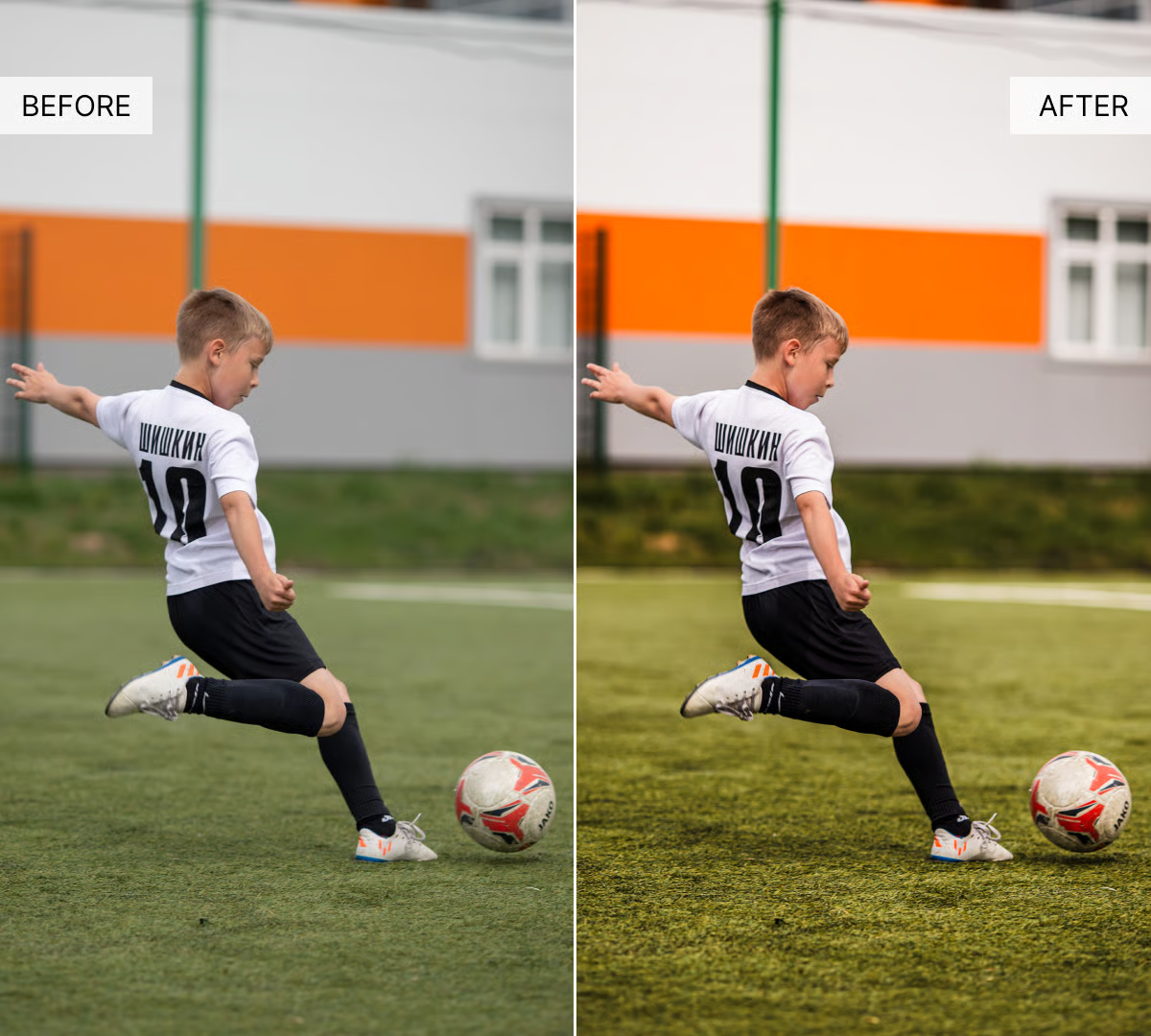 Fotografía de fútbol antes y después