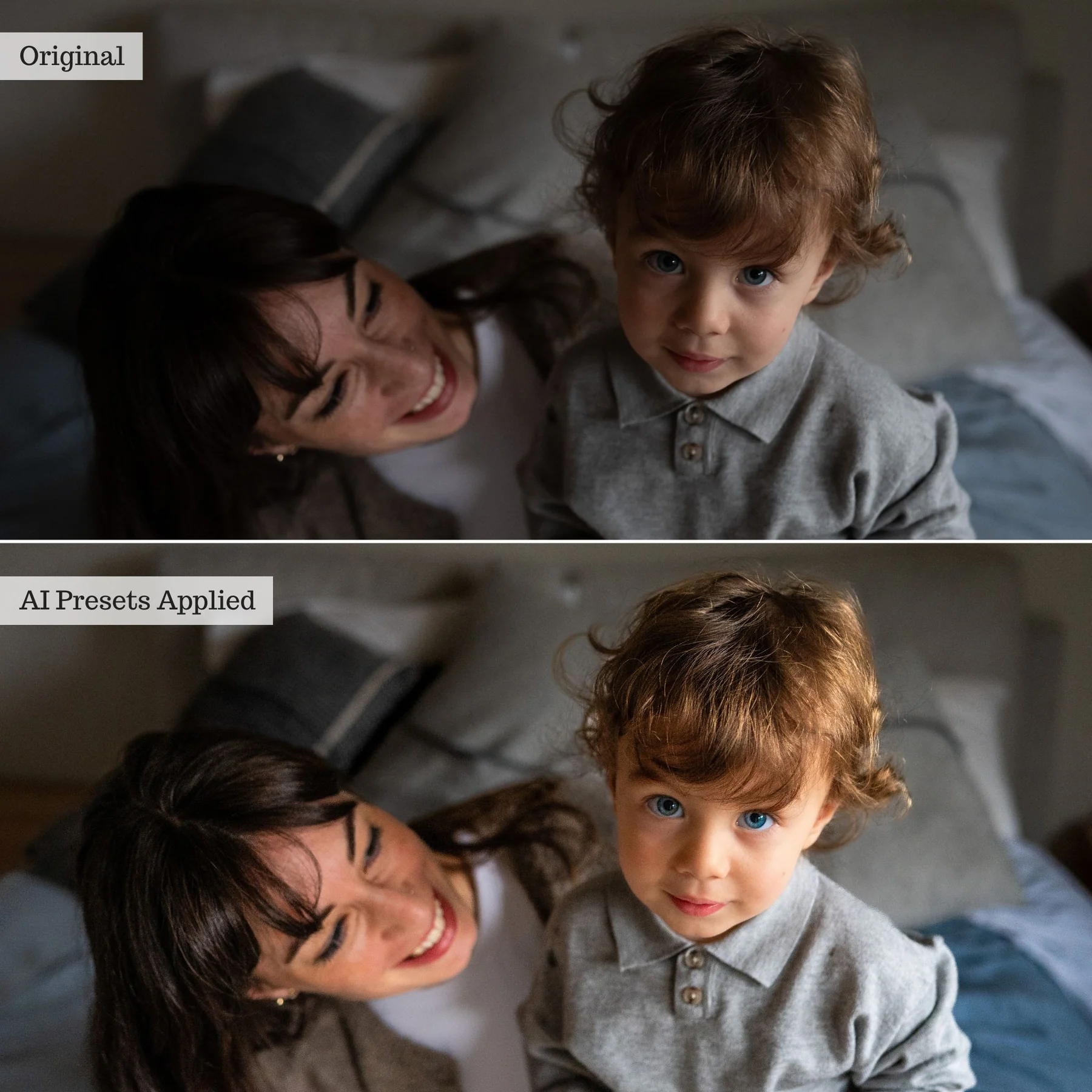 Retrato familiar antes y después de aplicar presets inteligentes