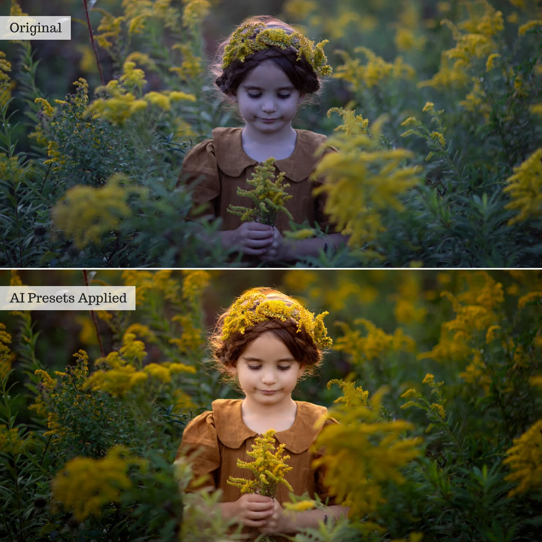 Retrato entre flores antes y después de aplicar presets inteligentes