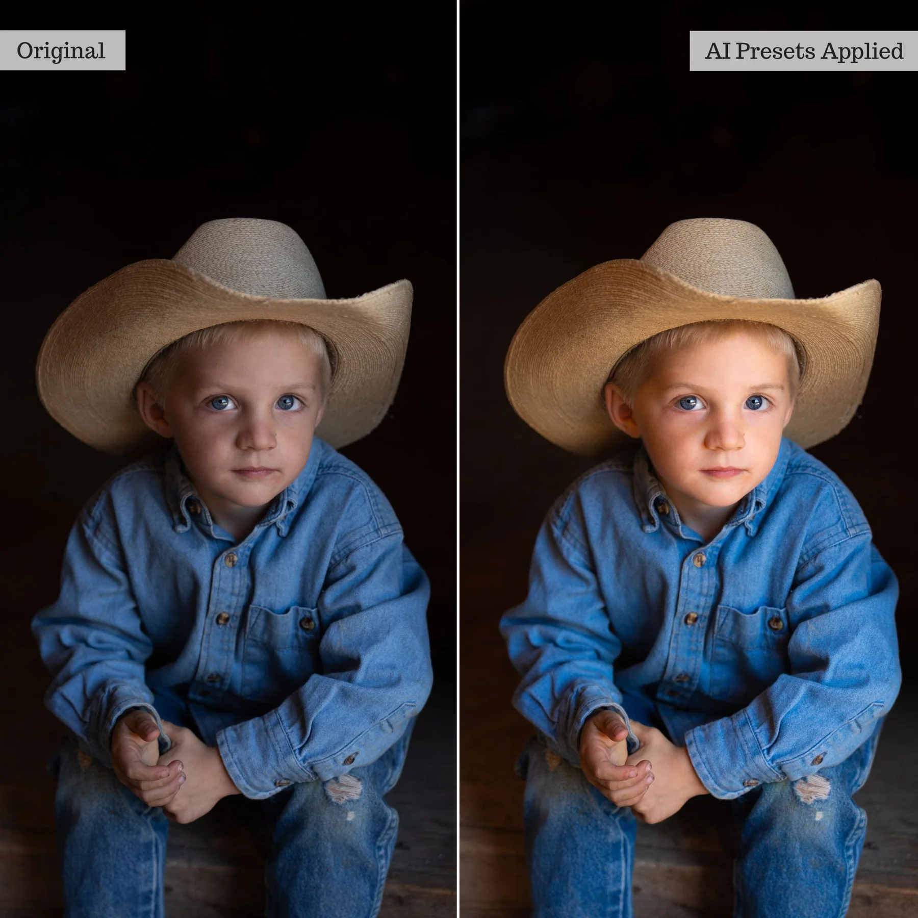 Retrato infantil antes y después de aplicar presets inteligentes