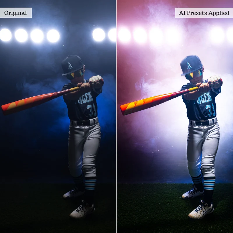 Fotografía deportiva de béisbol antes y después
